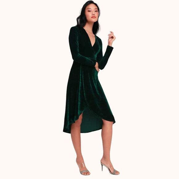 NWT Lulus Silver Screen Emerald Green Velvet Long Sleeve Midi Dress - Picture 2 of 5